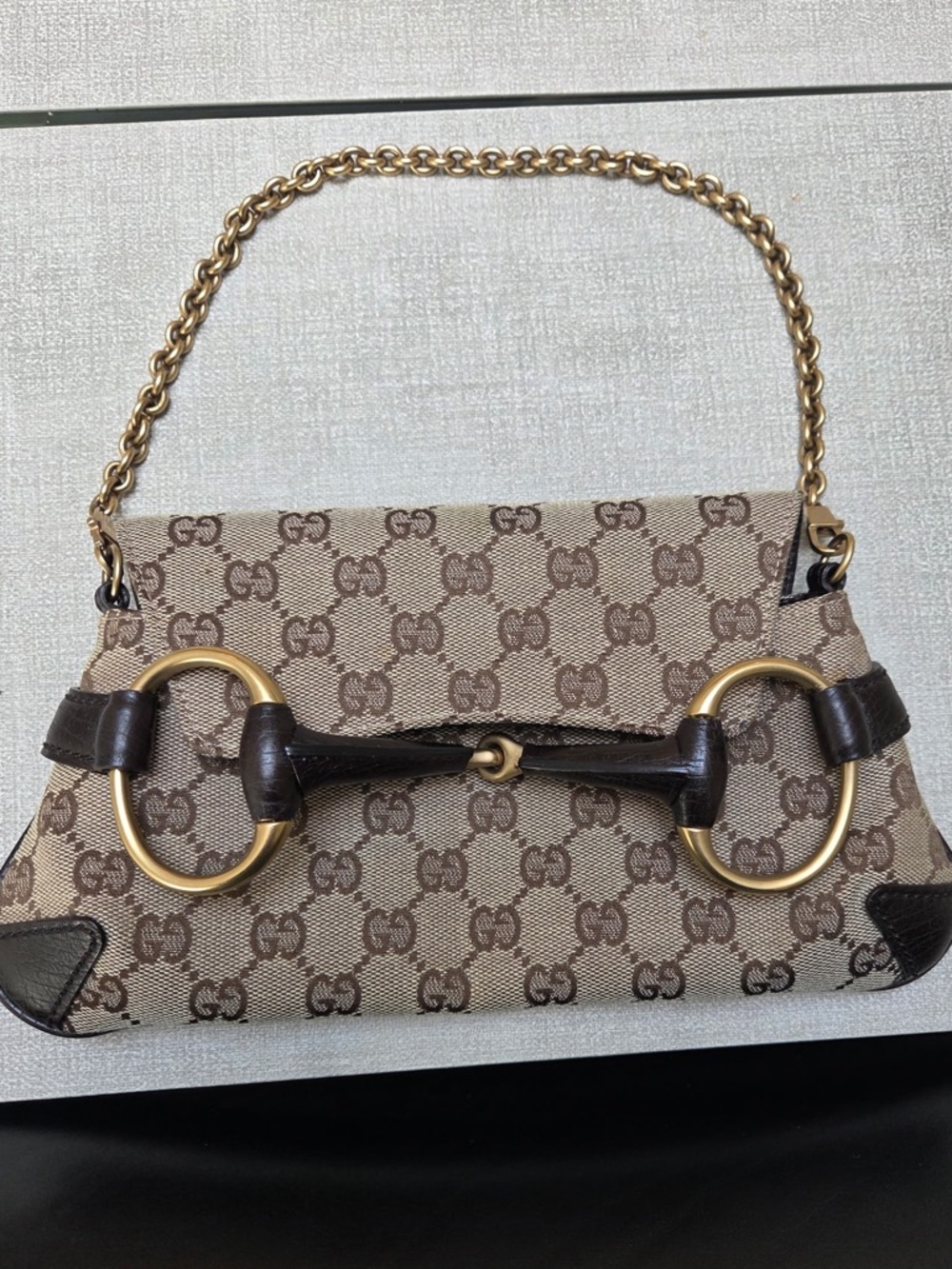 Authentic Gucci Horsebit Chain Clutch GG Canvas with Leather Medium